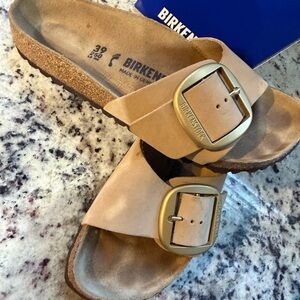 Birkenstock Madrid Big Buckle Tan Sandals with Gold Buckles
